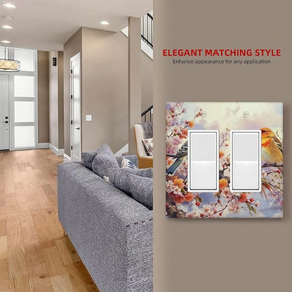 Birds Sitting on Flowers Tree Branch Dual Outlet Covers Wall Plate 2 Gang Rocker Decora Decorative Switch plate Electrical Faceplate GFCI Light Switch Covers for Farmhouse Living Decor