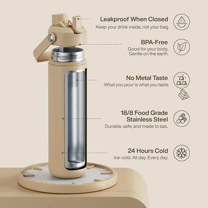 ENCOOL Insulated Water Bottle with Straw Stainless Steel Water Bottle, Leak-Proof, BPA-Free, Double Wall Vacuum Keeps Cold for 24 Hours for Sports, Travel, School (26 oz, Indian Khaki)