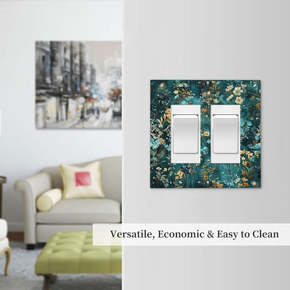 Decorative Outlet Covers Green Leaf Floral Boho Golden Flower Plant 2 Gang Double Gfci Rocker Electrical Wall Panels Light Switch Cover Plate For Bed Room Cabin Decor