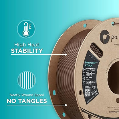 Polymaker HT-PLA Filament 1.75mm Brown, High Temp PLA for 3D Printing, Heat Stable Up to 150°C, Easy to Print, Works with Most FDM Printers, 1kg Spool