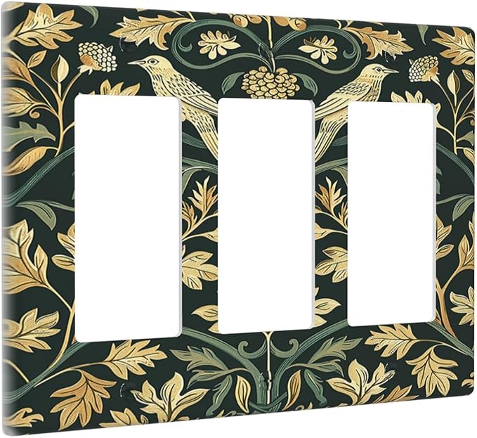 Light Switch Covers William Morris Vintage Botanical Birds Golden Green Leaves 3 Gang Rocker Electrical GFCI Decorative Triple Outlet Wall Plate Cover Switchplate for Bedroom Home Decor