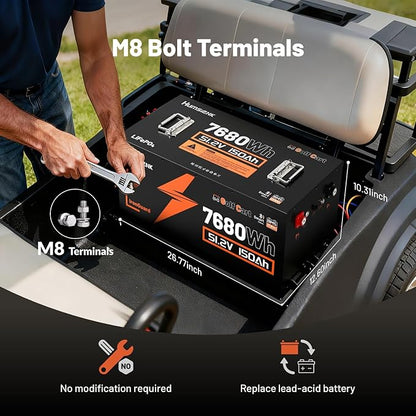 48V 150Ah Golf Cart Battery with Blade Cell & Metal Case, LiFePO4 Lithium Battery with 15A Charger, Bluetooth Mobile APP & LCD Monitor, 15000+ Cycles, 200A BMS with Low-Temp Protection for Golf Carts