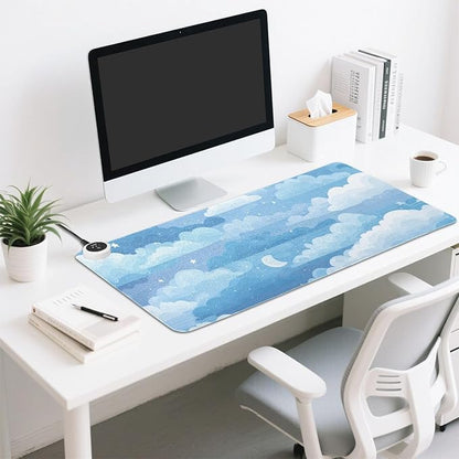 Heated Desk Pad Mouse Pad 31.5x13 Inch PU Leather Desk Mat with 3 Heat Levels Large Mouse Gaming Computer Laptop Mat Blue Gradient Cloud and Stars