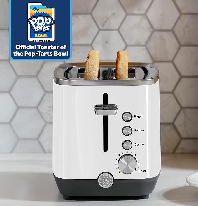 GE 2 Slice Toaster, Extra Wide Slots for Toasting Bagels, Breads, Waffles & More, 7 Adjustable Shade Settings, Removable Crumb Tray, Countertop Kitchen Essentials, 850 Watts, White