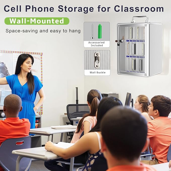 Loghot Aluminum Alloy Pocket Chart Cell Phones Storage Cabinet for Cell Phones, Wall-Mounted Cell Phone Locker Phone Holder with Lock for Classroom, Office, Can be Carried by Hand (24 Slots)