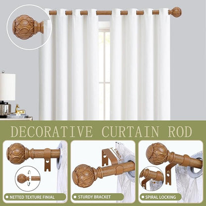 Wood Boho Curtain Rods for Windows:72-144Inch Wooden Farmhouse Curtain Rod for Bedroom Living Room,Heavy Duty Adjustable Rustic Decorative Drapery Rod with Vintage Imitation Wood Finial,Brown