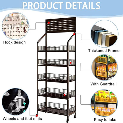 5-Tier Retail Display Rack, Metal Snack Display Stand with Wheels and Hooks, Multi-Functional Shelf, Easy to Assemble, Suitable Storage Rack for Home, Supermarket, Drugstore (5-Tier, White)