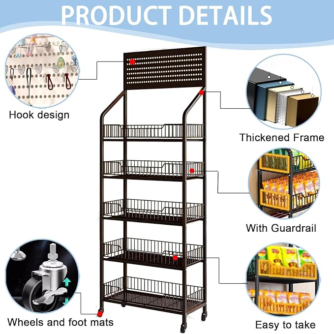 5-Tier Retail Display Rack, Metal Snack Display Stand with Wheels and Hooks, Multi-Functional Shelf, Easy to Assemble, Suitable Storage Rack for Home, Supermarket, Drugstore (Black, 5-Tier)