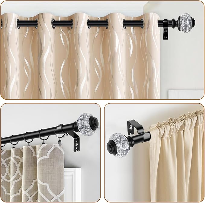 1 Inch Curtain Rods 72 to 144 Inches (6 to 12 ft) Telescoping Single Drapery Rod, USFOOK Black Curtain Rods for Windows 69 to 140 Inches, Decorative Translucent Finials