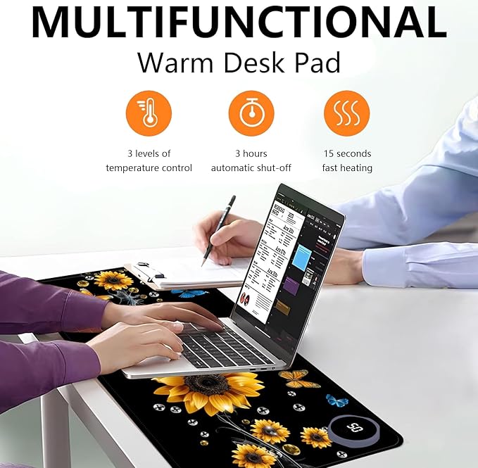 Heated Mouse Pad with 3 Levels Heated & 3 Hours Auto Shut-Off Mouse Pad for Warming Hands in Office Home, 23.6" x 14.2"Large Safe Desk Mat Hand Warmer，A River of Flowers