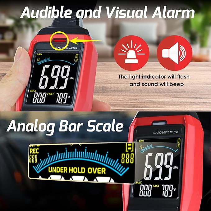 Decibel Meter with Data Logging Sound Decibel Meter Data Logger, 30~130dB Sound Level Meter with Audible Visual Alarm, Sound Meter with Export Data, PC Connection, Temperature, Analog Bar Indicator