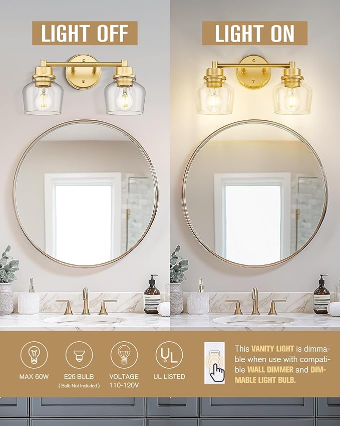 Emak Gold Bathroom Light Fixtures Over Mirror, 2-Light Bathroom Vanity Light with Clear Glass Shade, Modern Vanity Lights Wall Sconces for Bath, Makeup Desk, Mirror, VL122-GD-CG-2