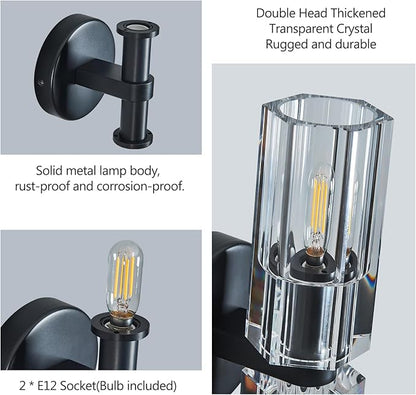 Modern Black Wall Sconces Set of Two Bedroom Crystal Wall Sconces Indoor Sconces Wall Lighting Living Room Sconces with K9 Crystal Lampshade for Bathroom Hallway Entryway Stairway