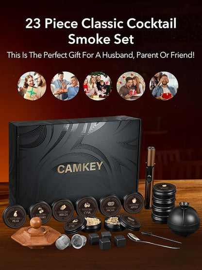 23Pcs Whiskey Smoker Kit with Torch-12 Wood Chips, Ice Ball Mold, Cocktail Smoker Infuser Kit, Old Fashioned Drink Smoker Kit, Birthday Bourbon Whiskey Gifts for Men,Dad,Him, Christmas