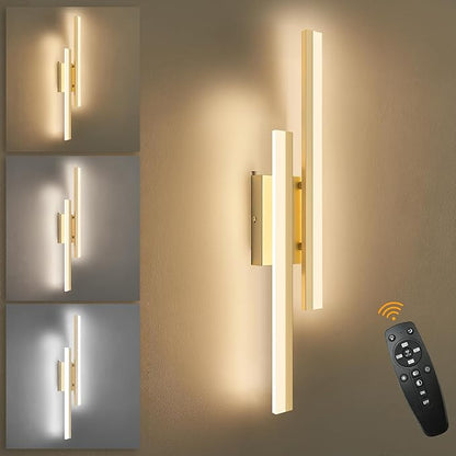 LED Wall Sconce Gold Modern Remote Wall Light Fixtures for Living Room, Dimmable LED Vanity Light Indoor Remote Wall Sconce for Bedside Bedroom Bathroom Dining Room, 23.6inch 1 Pack