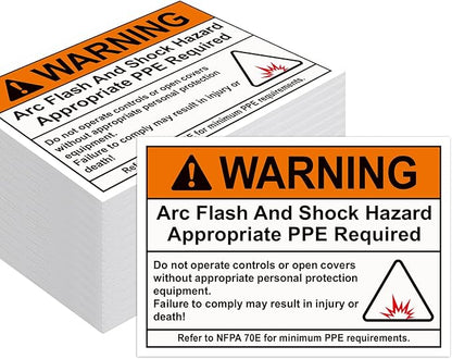 100 Pcs Warning Arc Flash and Shock Hazard Label - 5 x 3.5 Warning Safety Appropriate PPE Required Signs for Electrical Workplace