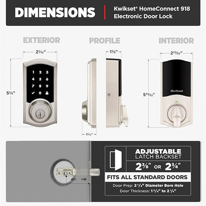 Kwikset HomeConnect 918 Traditional Z-Wave Long Range Enabled Touchscreen Lock Works with Ring Alarm, Samsung SmartThings Hub Required, Sold Seperately in Satin Nickel