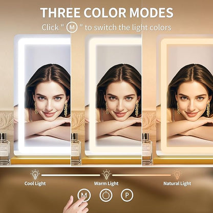 ROLOVE Vanity Mirror with Lights 23x18 Inch, Gold Lighted Makeup Mirror, 3 Color Modes, Smart Touch Dimming, Large Vanity Mirror for Desk, Bathroom, Wall