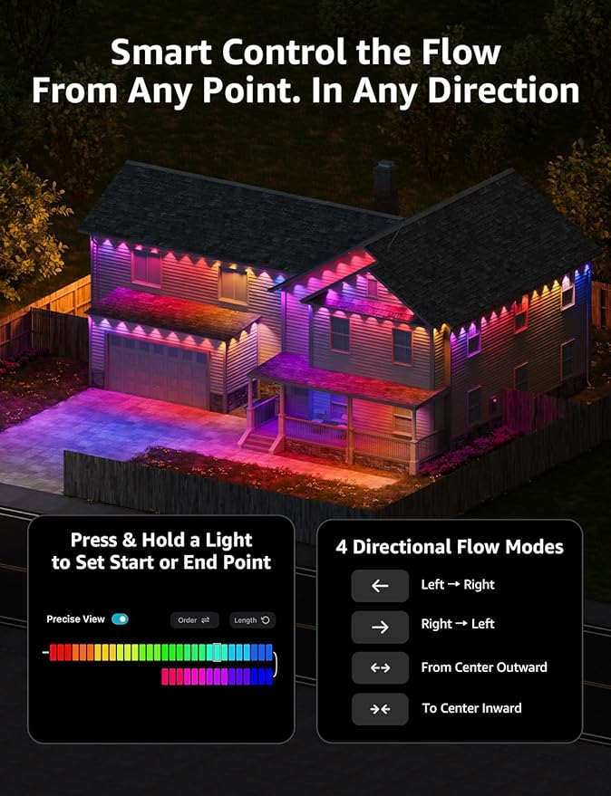 Lepro EE1 AI Permanent Outdoor Lights with Dual-Output, 200ft 120 LED RGB+IC Smart Outside Light for House Christmas Decor,Alexa Google Enabled 2.4 GHz WiFi/Bluetooth, APP Control No Remote Controller