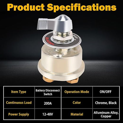 12-48V Master Battery Disconnect Switch, High Current 200A Battery Power Cutoff Isolator Killer Switch with Face Plate for Car Vehicle RV Truck Boat Marine Outboards ATV On/Off Battery Isolator Switch