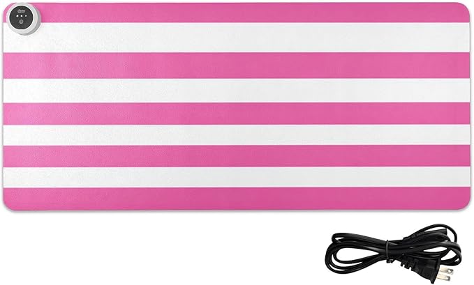 Heated Desk Pad Mouse Pad 31.5x13 Inch PU Leather Desk Mat with 3 Heat Levels Large Mouse Gaming Computer Laptop Mat Hot Pink White Stripes