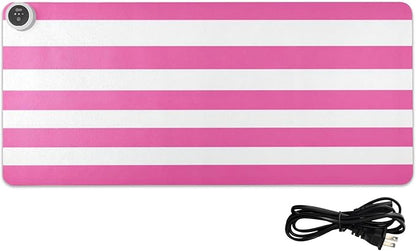 Heated Desk Pad Mouse Pad 31.5x13 Inch PU Leather Desk Mat with 3 Heat Levels Large Mouse Gaming Computer Laptop Mat Hot Pink White Stripes
