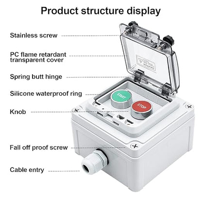 IP67 Button Switch Outdoor Waterproof Box 2 Push (Letter) Red and Green Automatic Rest Momentary Button with Protective Cover Anti-misoperationSwitch(AC/DC 6A-110V/3A-240V/2.5A-380V)