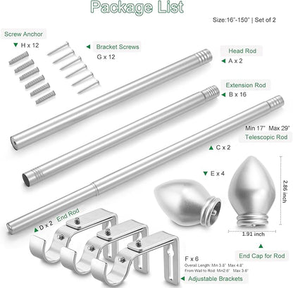 Curtain Rods for Windows 16 to 150 inches, Curtain Rod Max Adjustable Length to 158 in, Drapery Rod 1 inch Diameter with Modern Knobs Finials (Satin Silver, 16" to 150" - Set of 2)