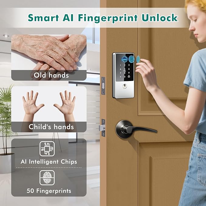 Smart Lock, Upgrade Keyless Entry Deadbolt Smart Lock with Keypad, Fingerprint Door Lock, Smart Locks for Interior Front Door, Biometric Digital Door Lock with Code App Control and Auto Lock(Silver)