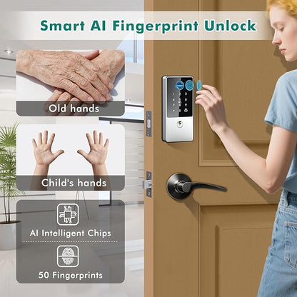Smart Lock, Upgrade Keyless Entry Deadbolt Smart Lock with Keypad, Fingerprint Door Lock, Smart Locks for Interior Front Door, Biometric Digital Door Lock with Code App Control and Auto Lock(Silver)