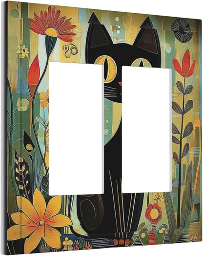 Funny Cat Retro Abstract Flowers Kitten Decorative Outlet Covers 2 Gang Double Gfci Rocker Electrical Wall Panels Light Switch Cover Plate For Kids Room Bed Room Decor