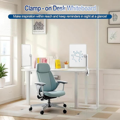 Double-Sided Desk Whiteboard with Dual 360° Swivel - 16" x 12" Clamp-On Desktop Whiteboard for Tables Under 2.3" Thick for Office, Home, School(1pc)
