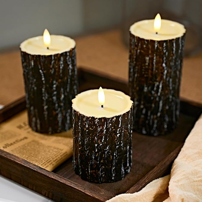 Comenzar Flameless Candles Battery Operated Candles Pine Bark Effect Real Candle Flickering 3D Wick Electric Home Decor Festival LED Candle with Timer 3Pack