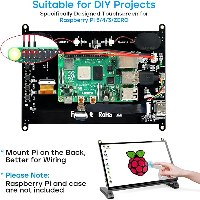 ROADOM 7’’ Raspberry Pi Screen, IPS1024×600,Responsive Smooth Touch,Dual Built-in Speakers,HDMI Input,Compatible with Raspberry Pi 5/4/3,Driver Free