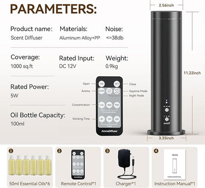 Waterless Diffuser Bluetooth Oil Diffuser Corded Essential Oil Diffuser for Home,Office,Hotel - Scent Diffuser Kit with 300ml Fragrance Included,Remote Controlled,Black