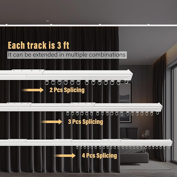 Ceiling Curtain Tracks,Curtain Track Wall Mount,Track Curtains Rod Ceilings Mount Heavy Duty Ceiling Tracks for Curtains Room Divider Rod with Hooks,White 3-9ft