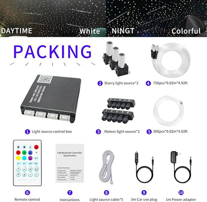 Split Starlight Headliner Kit with Meteor & Music Effect, 22W 3+10 Holes RGBW 1050pcs 0.02in x 4.9ft Fiber Optic Lights Kit, Star Light Headliner Kit for Car Truck Jeep, App & Remote