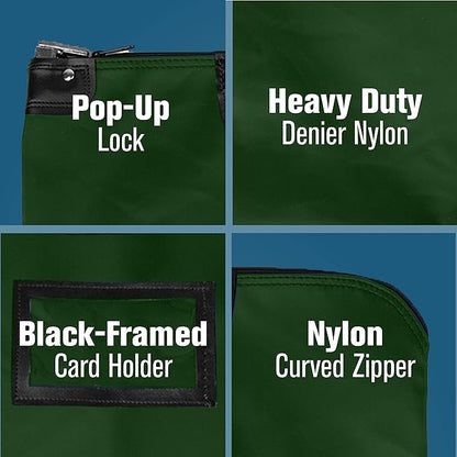 BankSupplies HIPAA Locking Courier Bags with Handles & Card Holder Keyed Differently - Forest Green - 19W x 15H - Durable Laminated Nylon Fabric - Metal Pop
