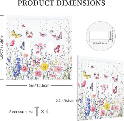 Decorative Switch Plates Watercolor Floral Butterfly Colorful Wildflower 2 Gang Double Toggle Outlet Light Switch Cover Wall Plate Electrical Faceplate For Bed Room Living Room Decor