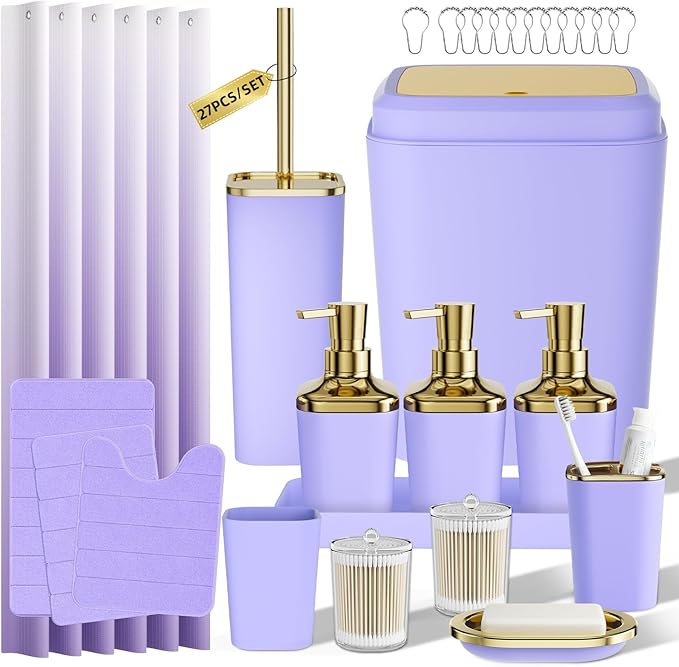 Bathroom Sets with Shower Curtain and Rugs, 27PC Bathroom Accessory Set, Purple Bathroom Set, Purple and Gold Bathroom Accessories Set with Trash Can, Toilet Brush and Soap Dispensers
