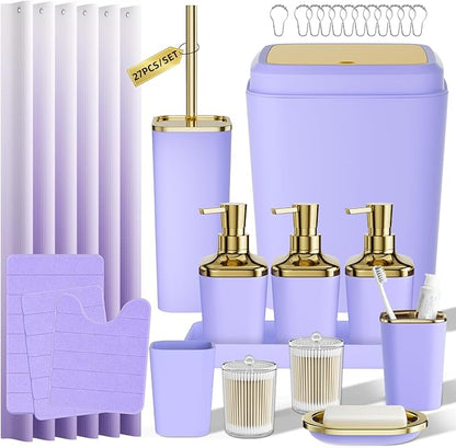 Bathroom Sets with Shower Curtain and Rugs, 27PC Bathroom Accessory Set, Purple Bathroom Set, Purple and Gold Bathroom Accessories Set with Trash Can, Toilet Brush and Soap Dispensers