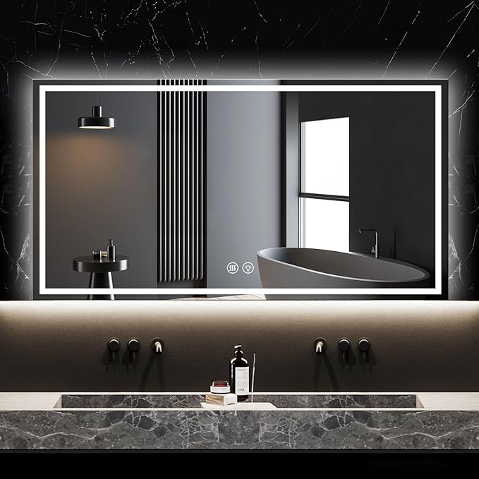 LED Smart Mirror with Lights, 48"x32" Lighted Bathroom Mirrors Wall Mounted, Anti-Fog Lighted Vanity Mirror, Stepless Dimmable, 3 Colors, Memory Function, Horizontal/Vertical LED Mirror.