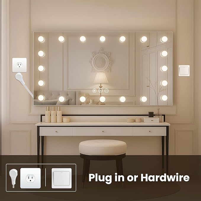 WTTY LED Bathroom Mirror with Lights 60"x28" Hollywood Wall-Mounted Mirror with 3 Color Temperatures, Stepless Dimmable Bulbs, Anti-Fog & Shatter-Proof