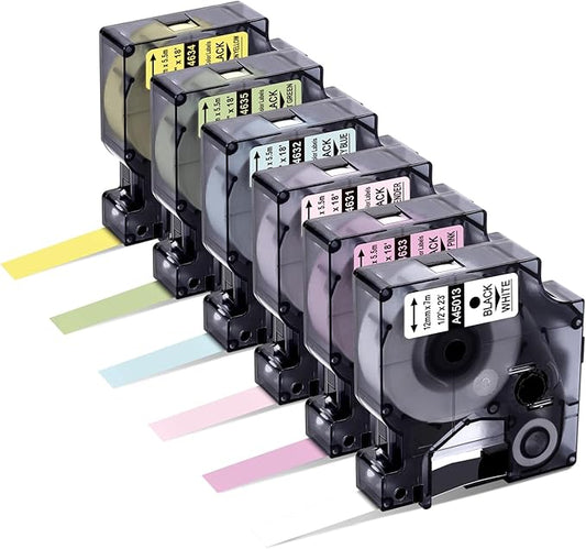 Freshworld Compatible with Dymo D1 Label Tape Multicolored Refills,Black on White/Baby Pink/Lavender/Blue/Lemon Yellow/Mint Green,for LabelManager 160 210D 260P 280 360D 420P PnP,1/2 in x 23 Ft,6-Pack