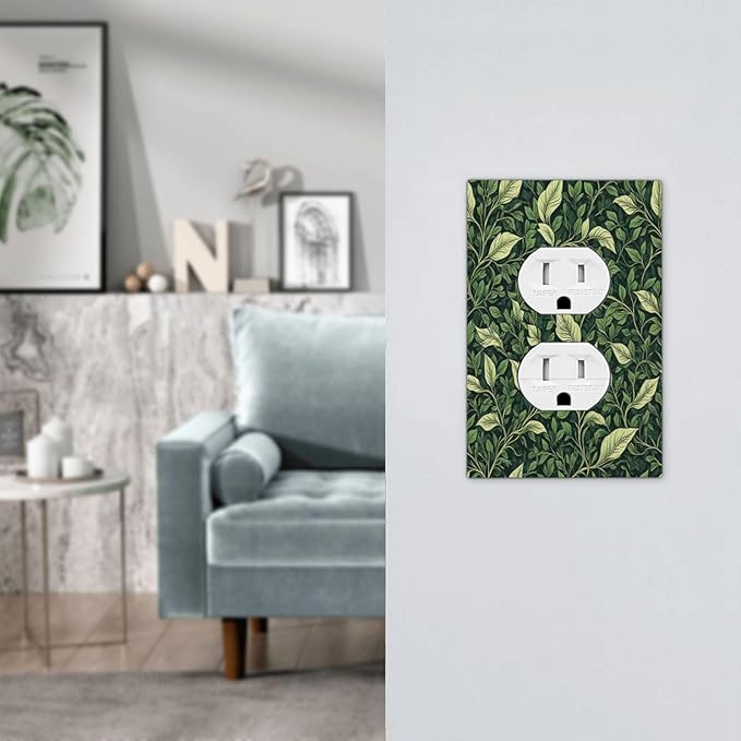 Vintage Green Plant Leaves 1 Gang Duplex Receptacle Switch Wall Plate Decorative Switchplate Outlet Covers Electrical Plug Cover Faceplate for Bathroom Home Decor 5 X 3 IN