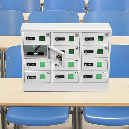 16-Unit Cellphone Charging Cabinet - Mobile Phone Charging Storage Cabinet, Combination Lock Smartphone Lockbox with QC3.0 Fast Charging & View Window for Classroom, Library, and Office (White)
