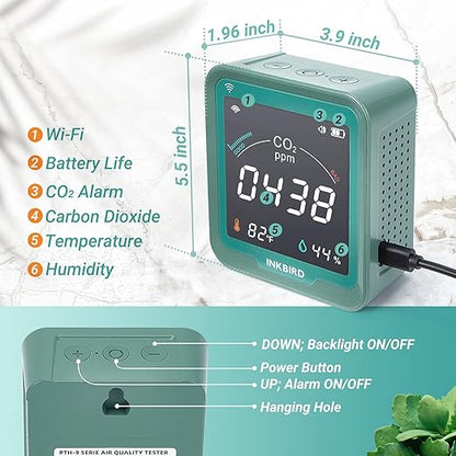INKBIRD WiFi CO2 Detector Battery Powered | Smart CO2 Monitor NDIR Sensor and Data Logger | Carbon Dioxide & Temperature & Humidity Air Quality Monitor Indoor | for Home, Office, Grow Tent (INK-CO2W)