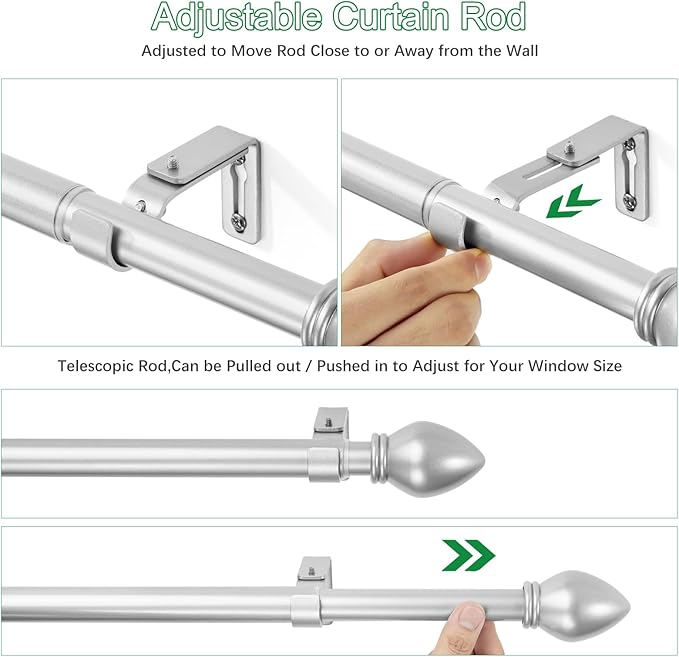 Curtain Rods for Windows 16 to 48 inches, Curtain Rod Max Adjustable Length to 60 in, Drapery Rod 1 inch Diameter with Modern Knobs Finials (Satin Silver, 16" to 48" - Set of 2)
