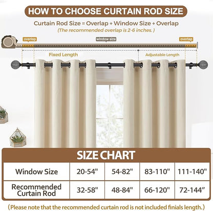 KAMANINA Wood Curtain Rods for Windows 66 to 120 Inch(5.5-10ft), 1 Inch Adjustable Drapery Rod, Decorative Heavy Duty Curtain Rods with Leaf Pattern Finials, Black