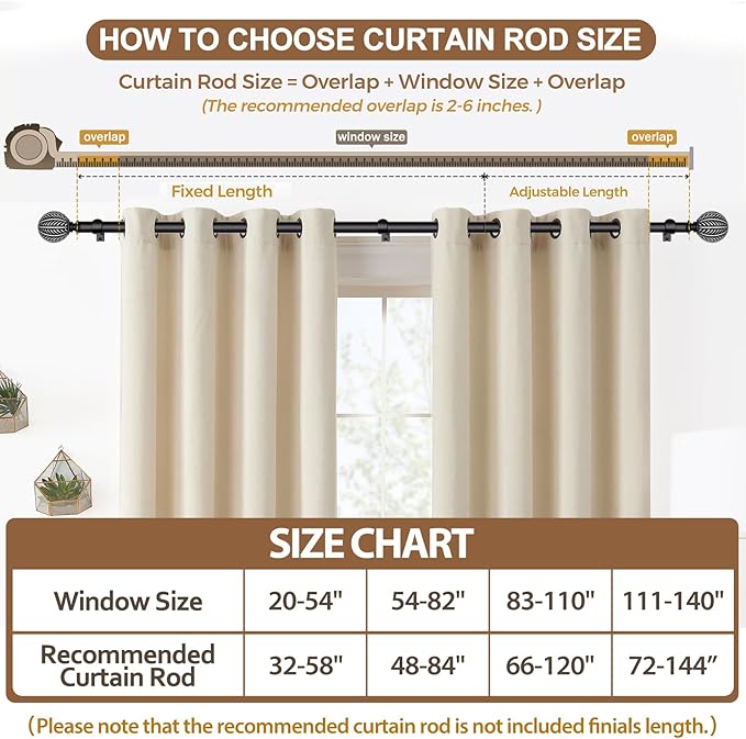 KAMANINA 2 Pack Curtain Rods for Windows 48 to 84 Inch(4-7ft), 1 Inch Boho Wood Decorative Drapery Rods, Adjustable Heavy Duty Curtain Rod with Leaf Pattern Finials, Black